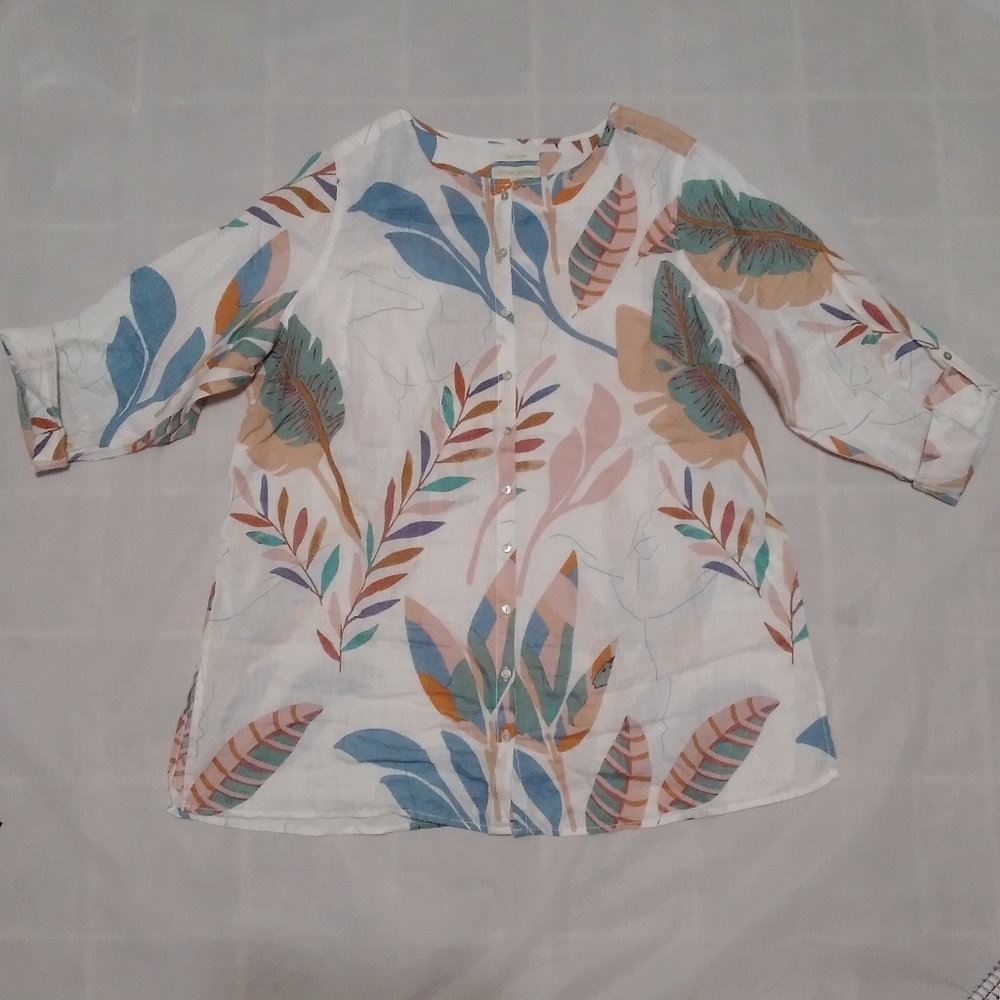 Cynthia Rowley 100% Linen Button Up Rolled Sleeve 1X
